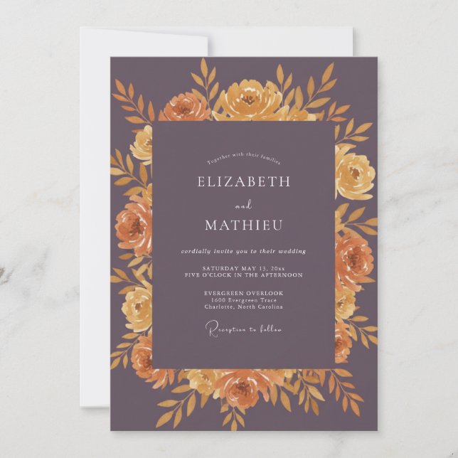 Invitación Boda Otoñal Floral Pintoresca de Ciruela (Anverso)