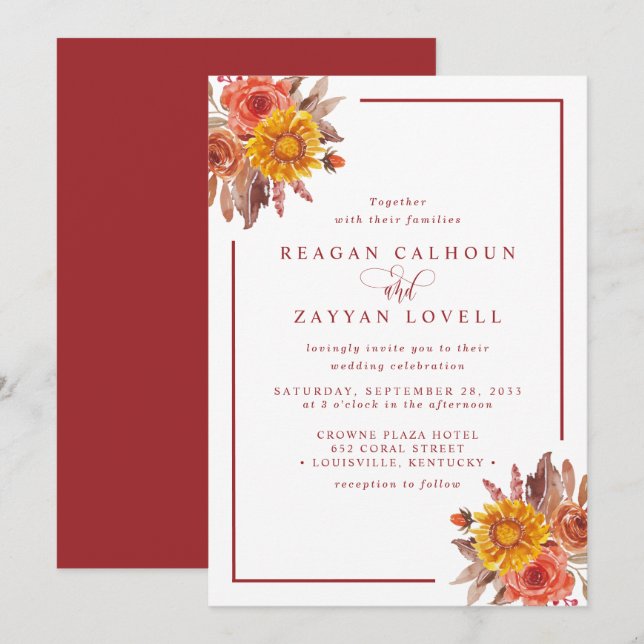 Invitación Boda Otoñal Floral Rústica de Otoño (Anverso / Reverso)