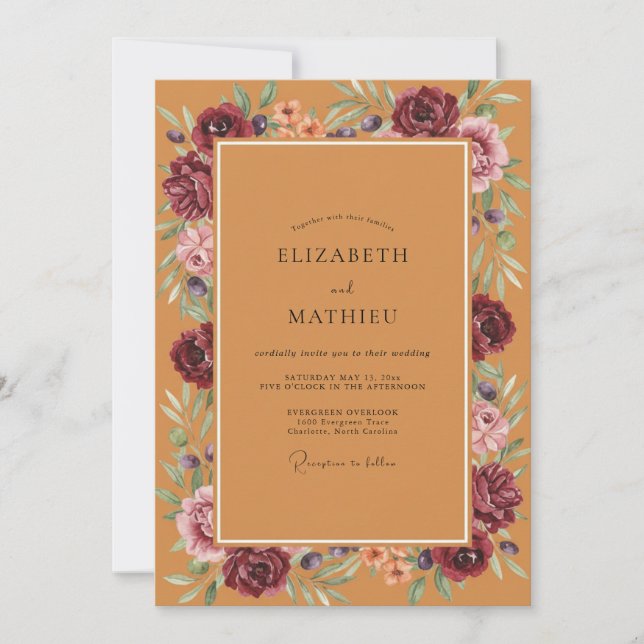 Invitación Boda Otoñal Floral Terrosa de Borgoña (Anverso)