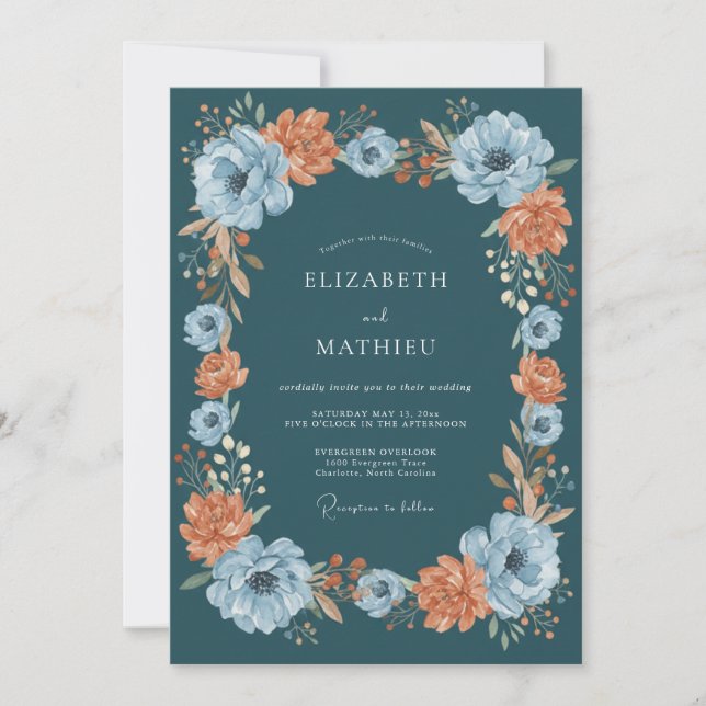 Invitación Boda Otoñal Floral Turquesa (Anverso)