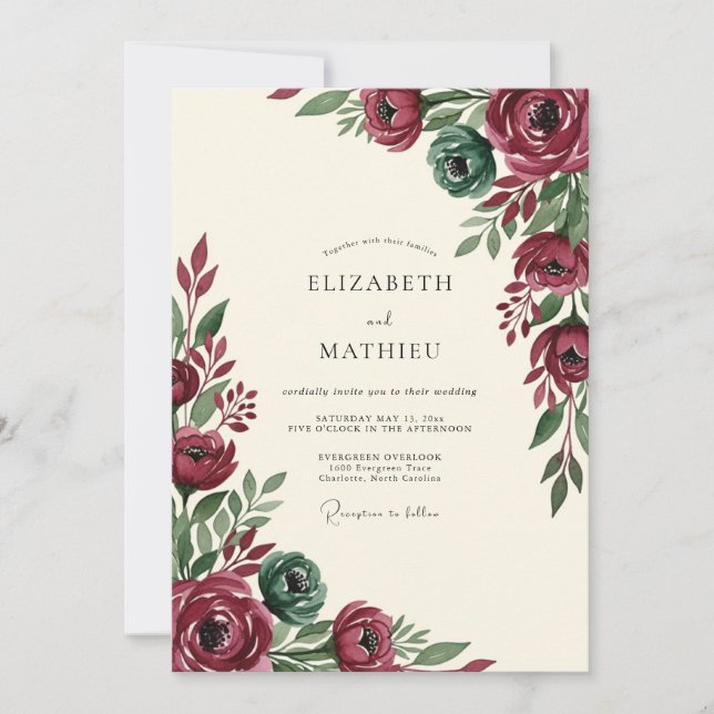 Invitación Boda Otoñal Floral Verde de Borgoña (Anverso)