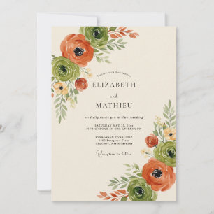 Invitación Boda Otoñal Floral Verde Naranja
