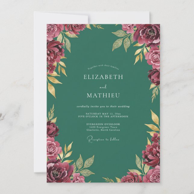 Invitación Boda Otoñal Grandiosa Granate (Anverso)