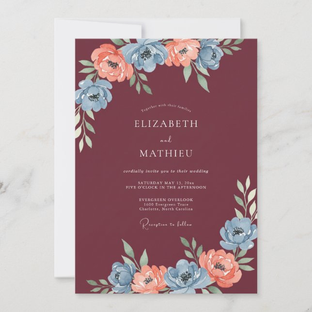 Invitación Boda Otoñal Ilustrativa de Borgoña (Anverso)