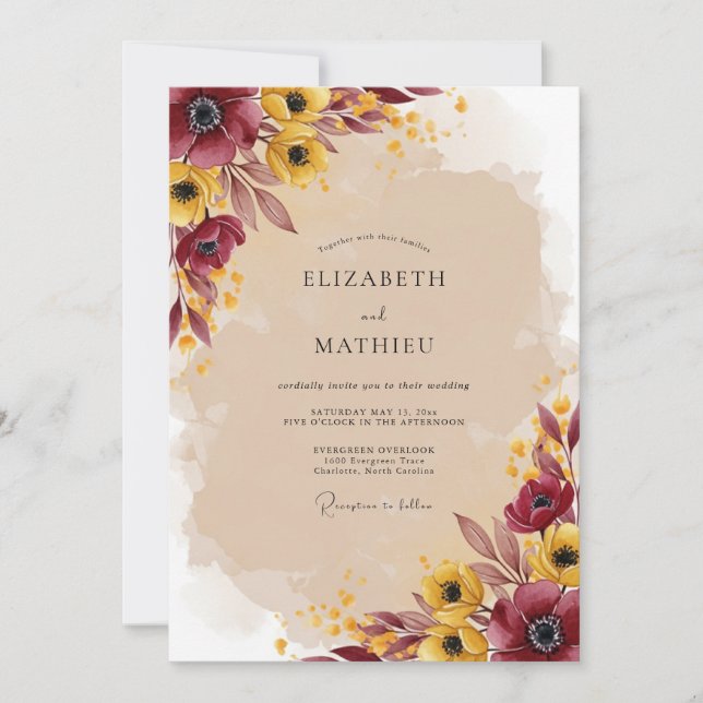 Invitación Boda Otoñal Intensa de Borgoña (Anverso)