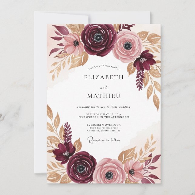 Invitación Boda Otoñal Lujosa de Borgoña (Anverso)
