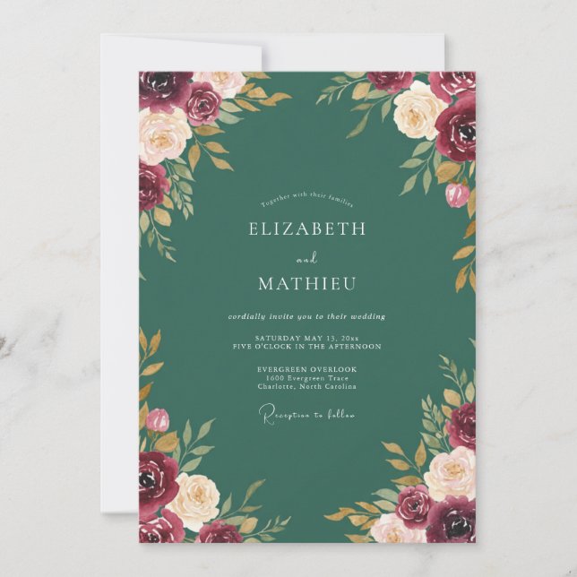 Invitación Boda Otoñal Lujosa Verde Cazador (Anverso)