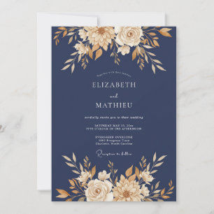 Invitación Boda Otoñal Lustrosa Azul Marino