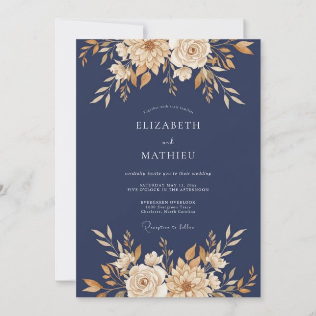 Invitación Boda Otoñal Lustrosa Azul Marino (Anverso)