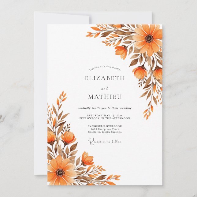 Invitación Boda Otoñal Lustrosa de Naranja Quemada (Anverso)