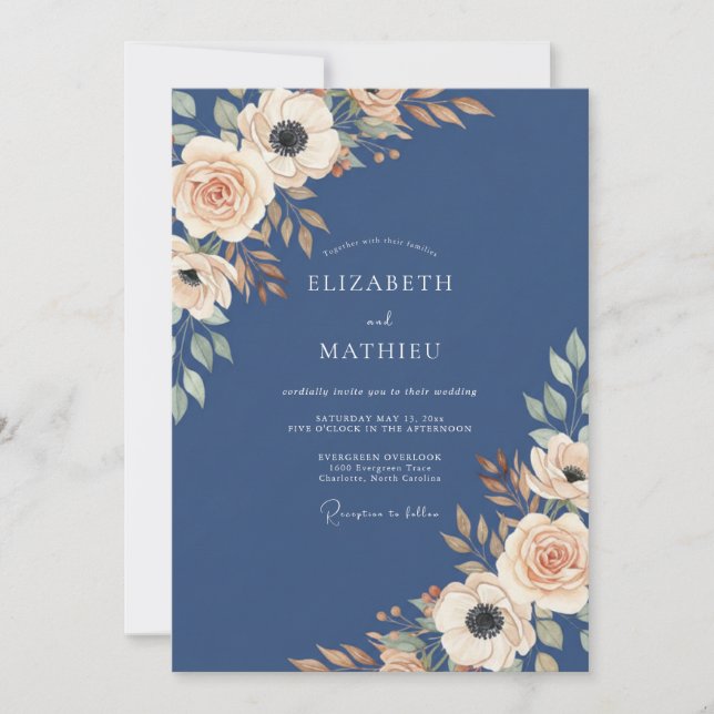 Invitación Boda Otoñal Majestuosa de Azul Marino (Anverso)