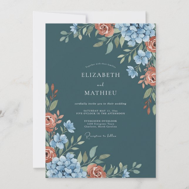 Invitación Boda Otoñal Malhumorada de Azul Teal Oscuro (Anverso)