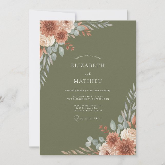 Invitación Boda Otoñal Malhumorada Verde Oliva (Anverso)