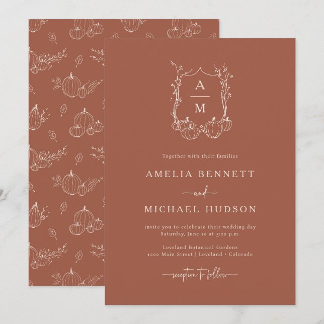 Invitación Boda Otoñal Monogramada (Anverso / Reverso)