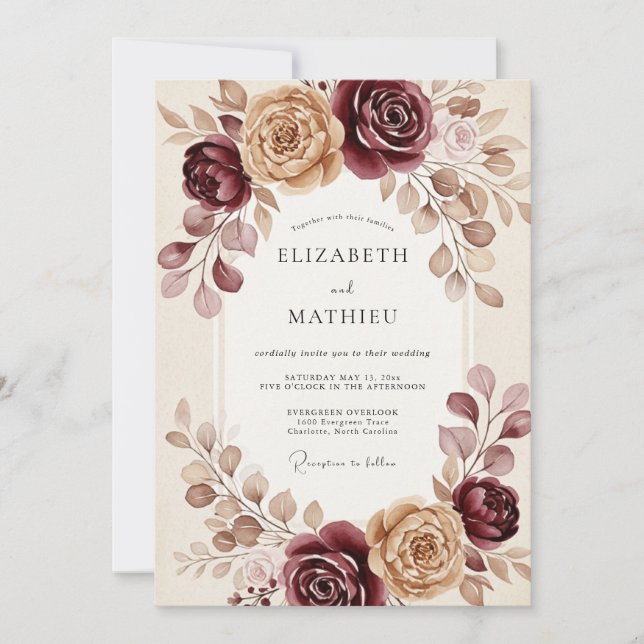Invitación Boda Otoñal Ornamentada de Borgoña (Anverso)