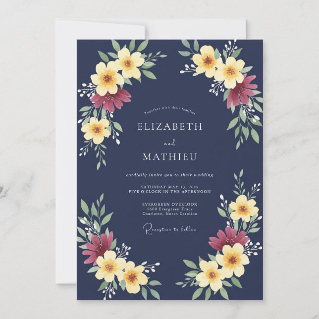 Invitación Boda Otoñal Ornata de Azul Marino (Anverso)