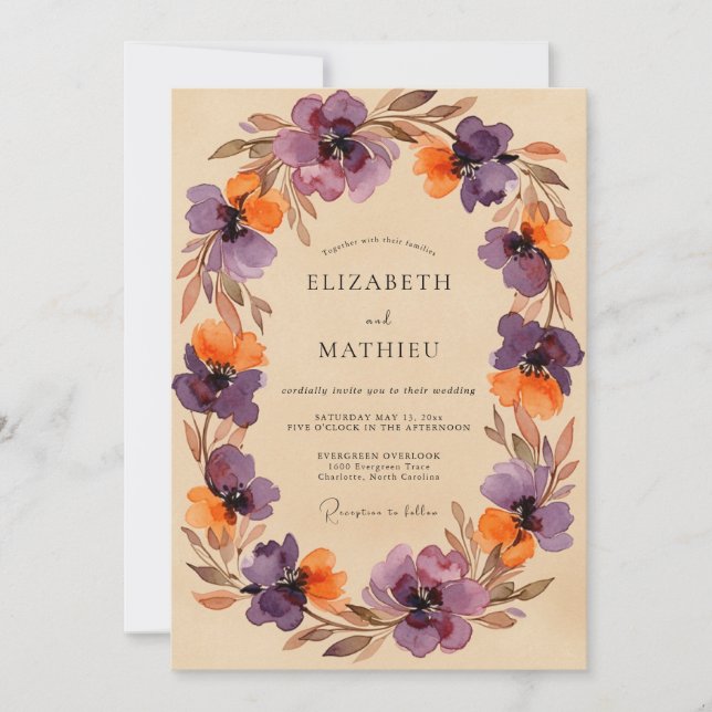 Invitación Boda Otoñal Pintada de Púrpura (Anverso)