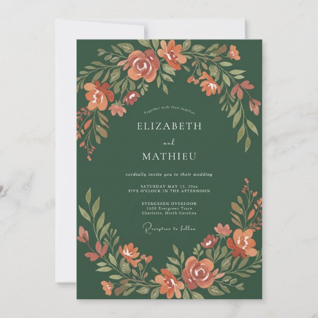 Invitación Boda Otoñal Pintada en Verde Cazador (Anverso)