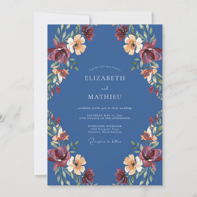 Invitación Boda Otoñal Pintoresca Azul Acero (Anverso)