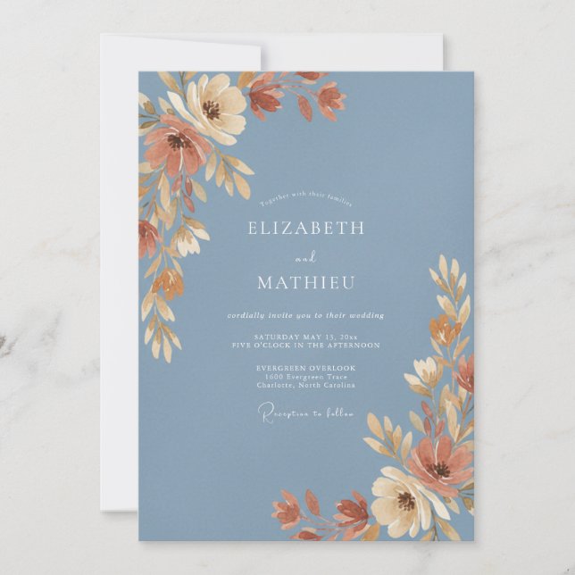 Invitación Boda Otoñal Pintoresca Azul Pizarra (Anverso)