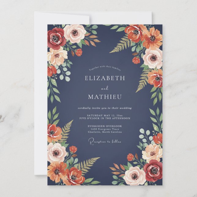 Invitación Boda Otoñal Pintoresca de Azul Marino (Anverso)