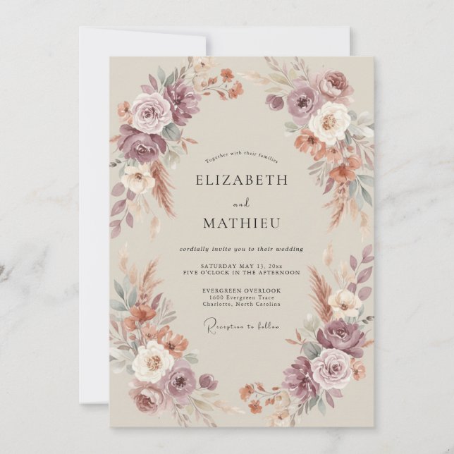 Invitación Boda Otoñal Polvorienta Rosa Malhumorada (Anverso)