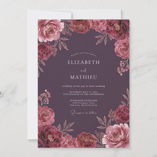 Invitación Boda Otoñal Profunda y Elegante de Ciruela (Anverso)