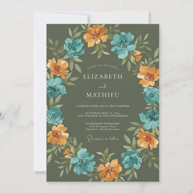 Invitación Boda Otoñal Radiante en Verde Oliva (Anverso)