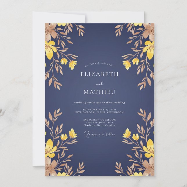 Invitación Boda Otoñal Refinada Azul Marino (Anverso)