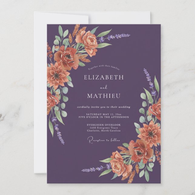 Invitación Boda Otoñal Resplandeciente de Ciruela (Anverso)