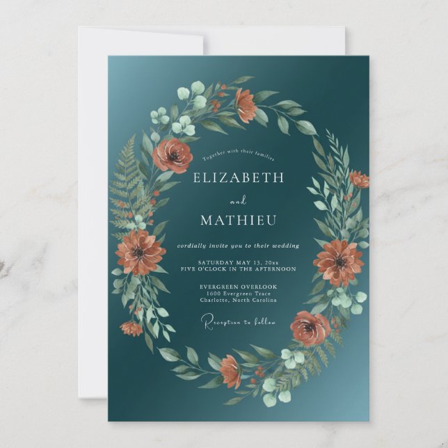 Invitación Boda Otoñal Resplandeciente Verde Azul (Anverso)