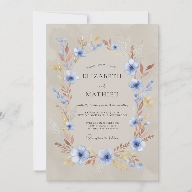 Invitación Boda Otoñal Rústica Azul Pizarra (Anverso)