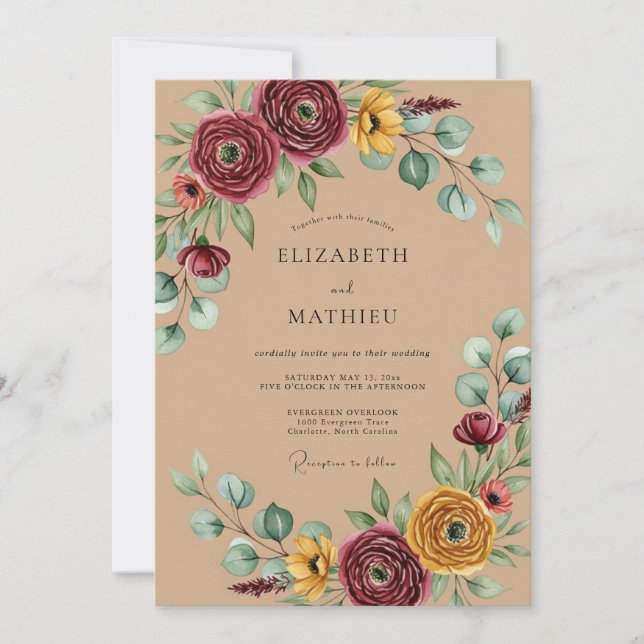 Invitación Boda Otoñal Rústica de Borgoña (Anverso)
