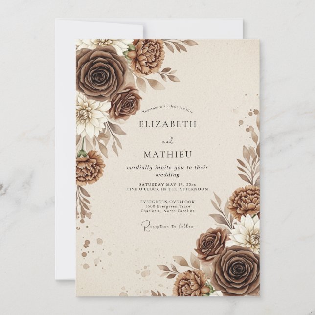Invitación Boda Otoñal Rústica de Color Marrón Chocolate (Anverso)