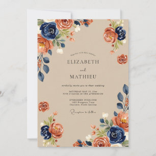Invitación Boda Otoñal Rústica en Terracota Azul Marino