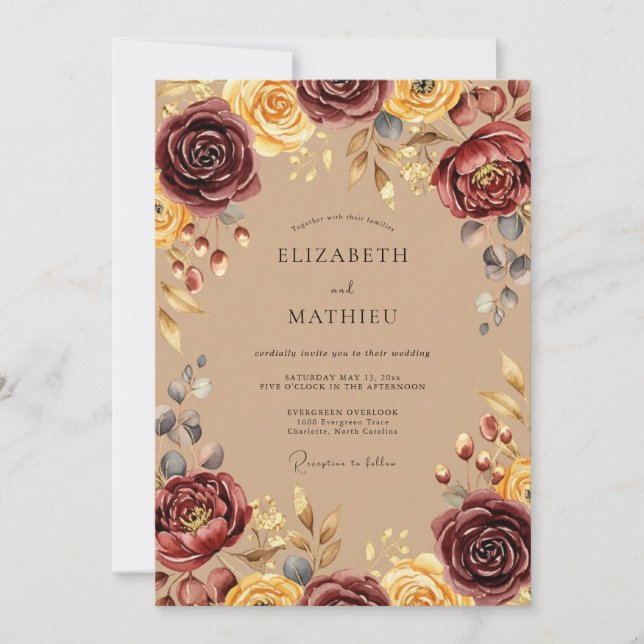 Invitación Boda Otoñal Rústica Tierra Burgundy (Anverso)