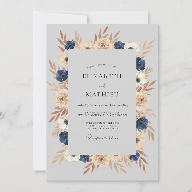 Invitación Boda Otoñal Solemne de Azul Marino (Anverso)