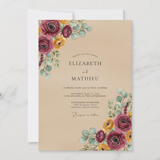 Invitación Boda Otoñal Tan Floral (Anverso)