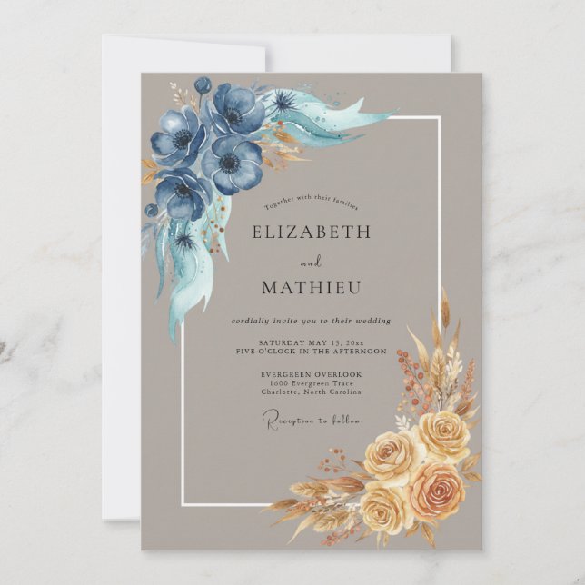Invitación Boda Otoñal Terrosa Azul Índigo (Anverso)