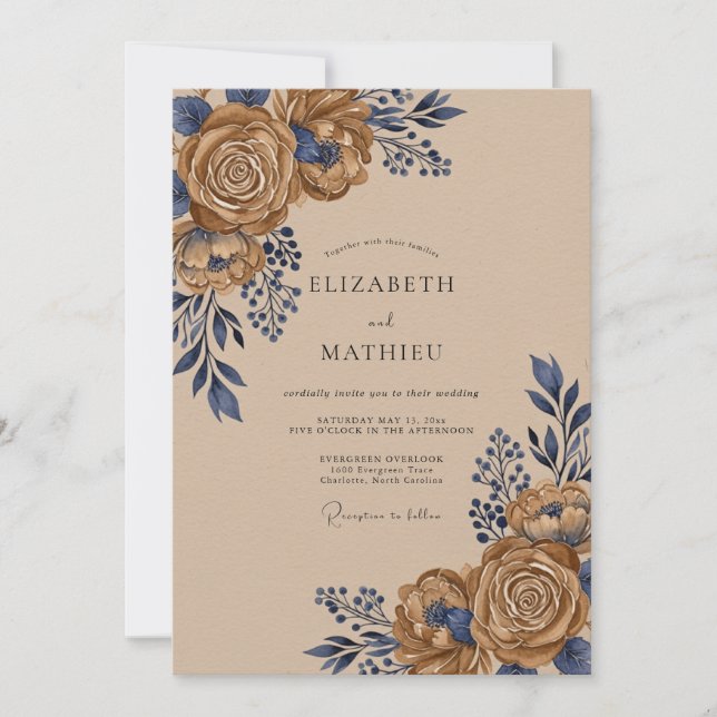 Invitación Boda Otoñal Terrosa de Azul Marino (Anverso)