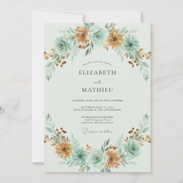 Invitación Boda Otoñal Terrosa Verde Menta (Anverso)