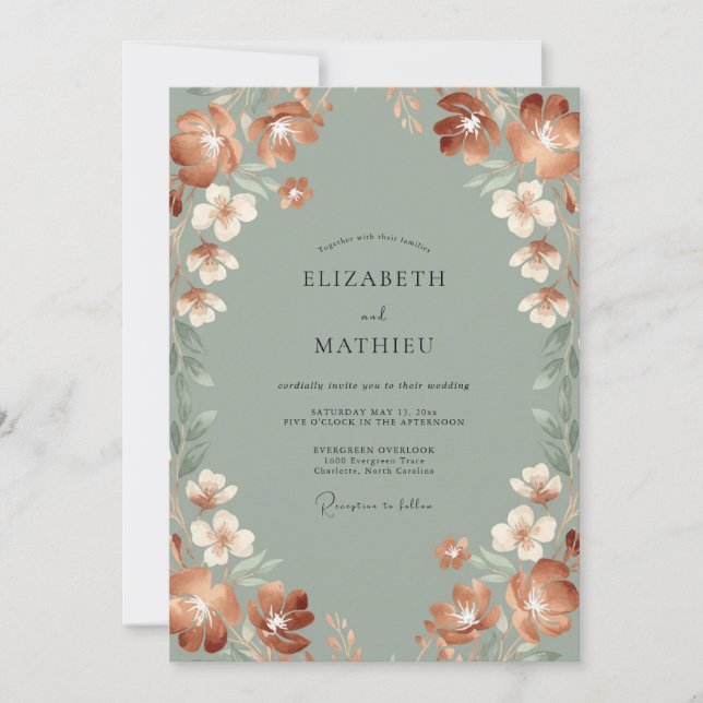 Invitación Boda Otoñal Terroso en Verde Salvia (Anverso)