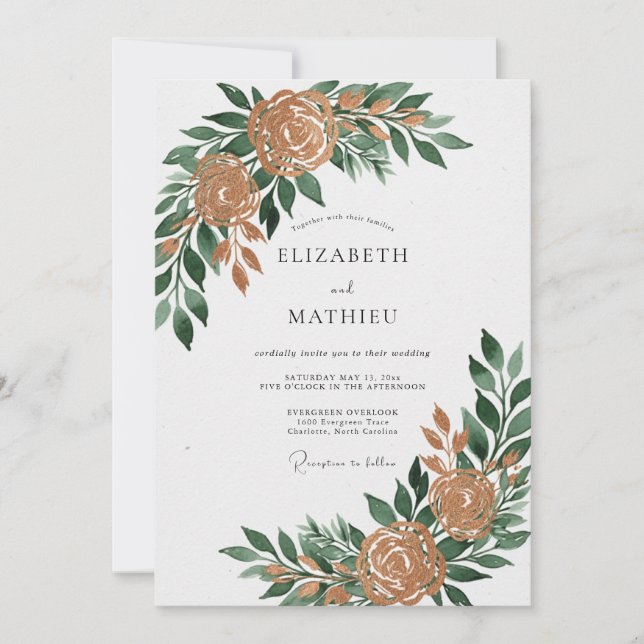 Invitación Boda Otoñal Verde Esmeralda Terroso (Anverso)