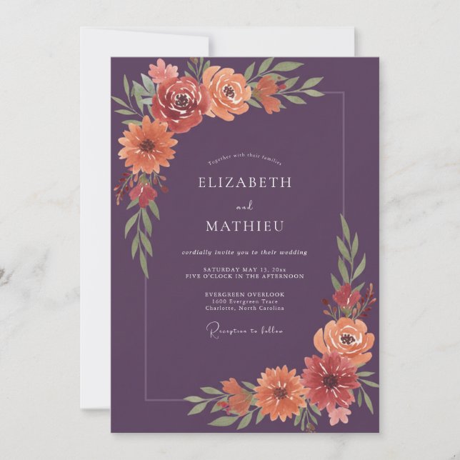 Invitación Boda Otoñal Vibrante de Ciruela (Anverso)