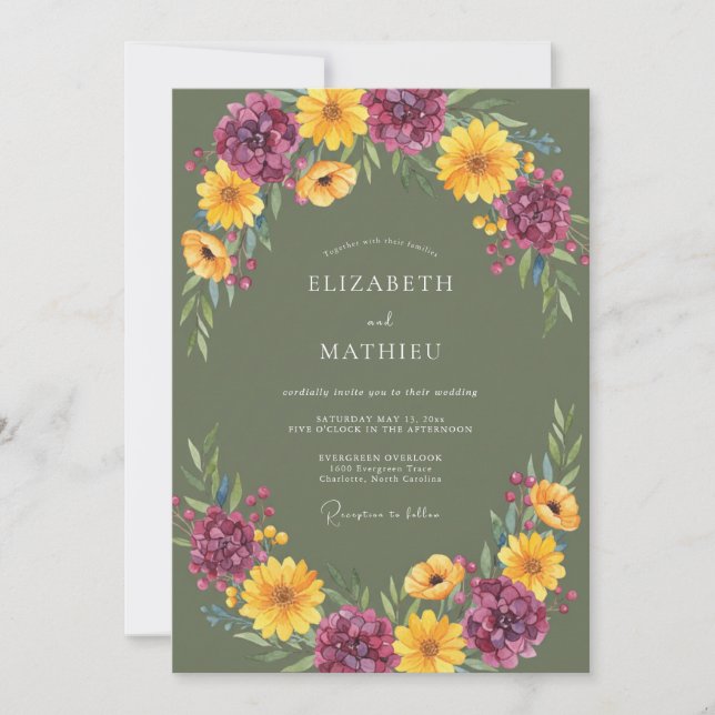 Invitación Boda Otoñal Vibrante Verde Oliva (Anverso)