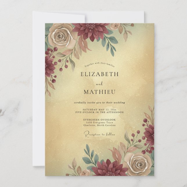 Invitación Boda Otoñal Vintage Borgoña (Anverso)