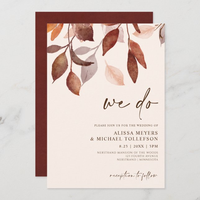 Invitación Boda otoño acuarela deja Naranja de roya de follaj (Anverso / Reverso)