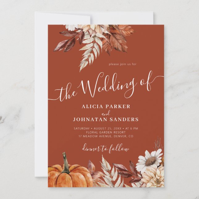 Invitación Boda otoño boho botánico terracota (Anverso)