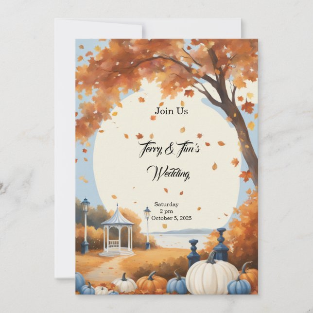 Invitación Boda otoño calabazas blancas azules (Anverso)
