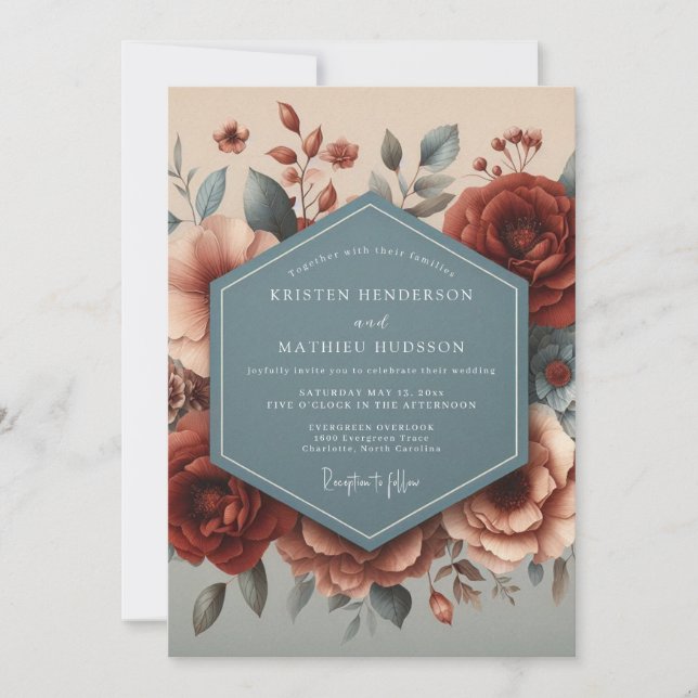 Invitación Boda Otoño Flor Burgundy Pizarra (Anverso)